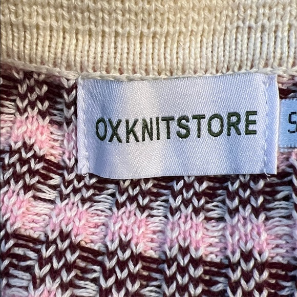 Oxknit sweater mens jacquard cream pink burgundy size small 60s small - Picture 7 of 9